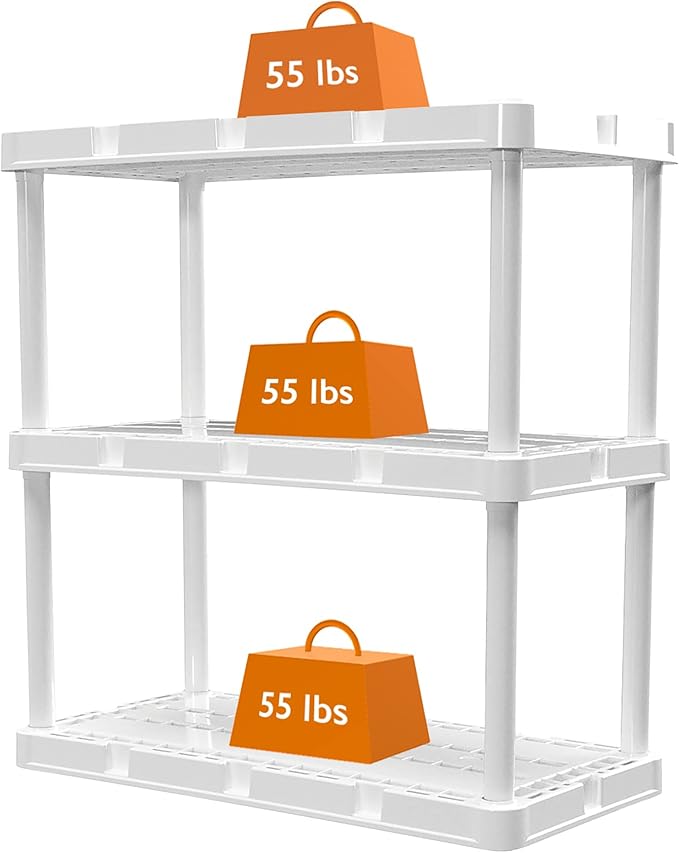 Gracious Living 2 Pack Light Duty Storage Shelves, Knect-A-Shelf 3-Shelf Ventilated Shelving Rack Organizer for Home, Garage, Basement, Laundry, White