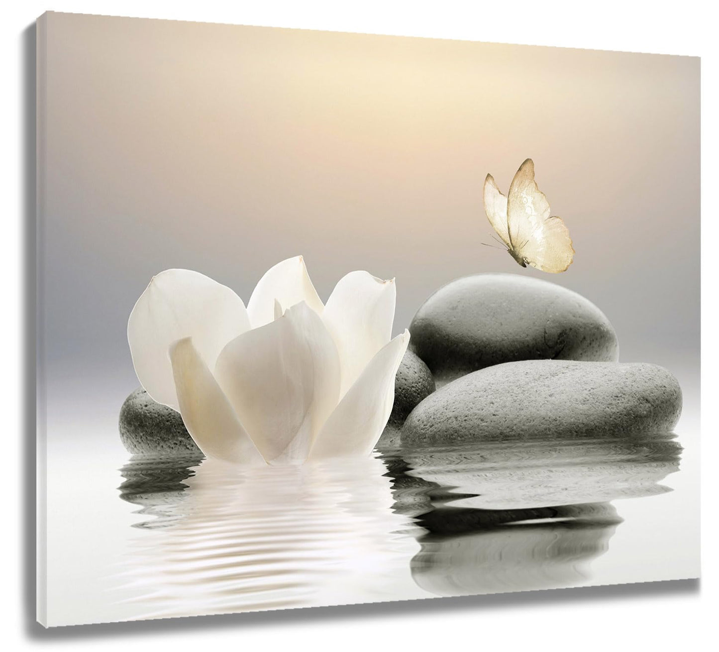 EOBTAIN Zen Stone Canvas Wall Art White Flower and Yellow Butterfly on Lake Wall Art for Bathroom Living Room Bedroom Modern Spiritual Yoga Spa Picture Canvas Wall Decor Zen Art,16x12 Inches