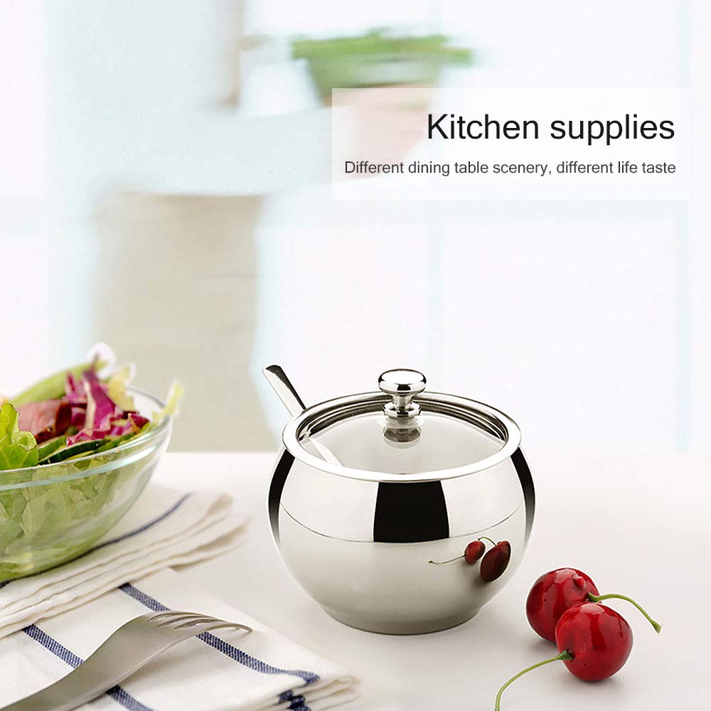 KEMIYIXIAN Stainless Steel Sugar Bowl with Lid and Spoon, Polished Shiny Condiment Pots for Serving Sugar Pepper Salt Spice- 330ml/ 11.6 Oz