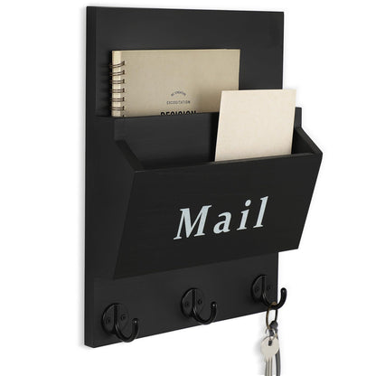 Lucundm Mail and Key Holder - Decorative 8.86" x 11.42" Wall Key Hanger with 2 Mail Organizer Slots and 3 Hooks - Real Paulownia Wood with Keyhole Brackets, Hardware and Instructions (Black)