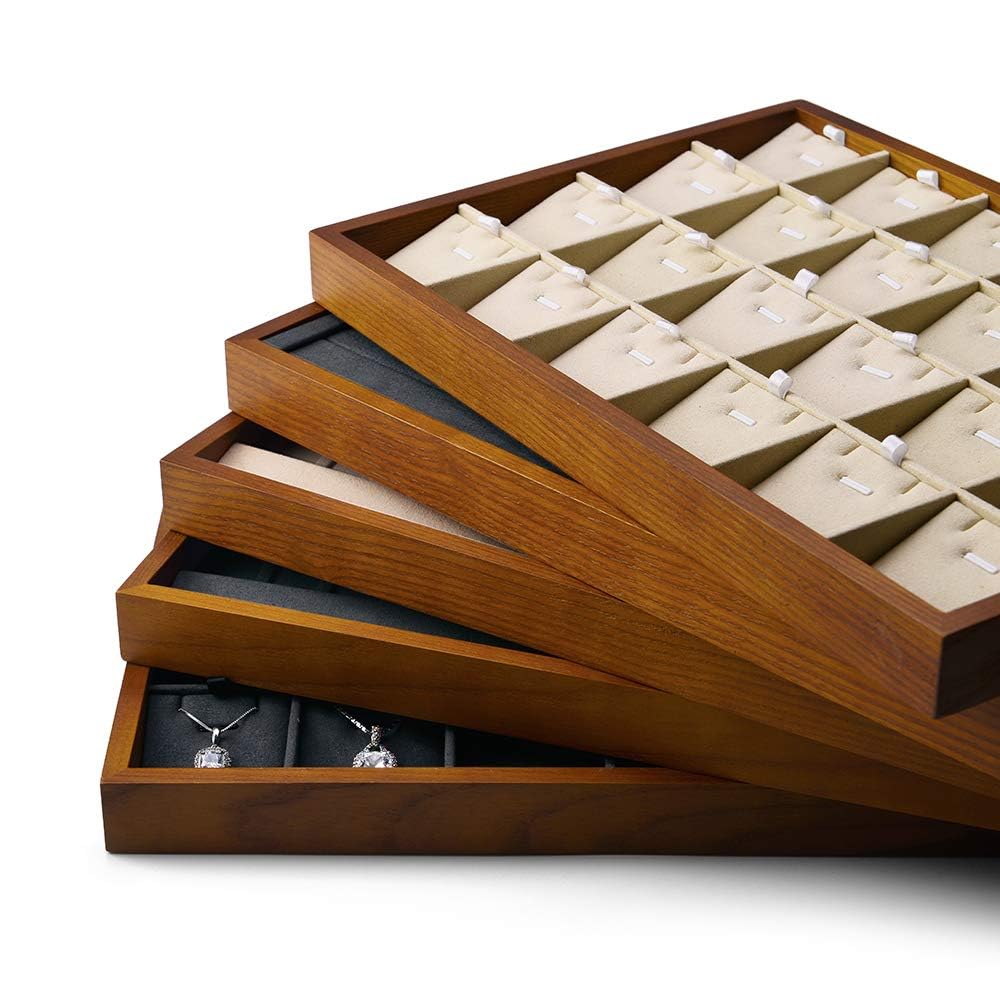 Oirlv 24 Grid Wood Jewelry Tray Microfiber Interior Jewelry Drawer Organizer Showcase Display Box Ring Earrings Holder