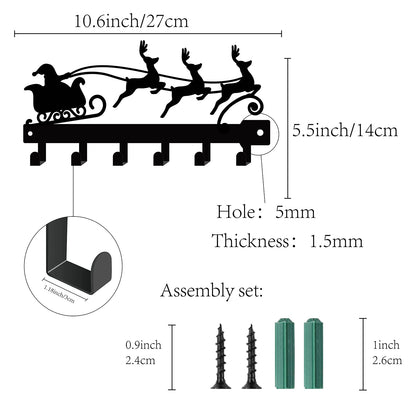 CREATCABIN Christmas Metal Key Holder Santa Claus Elk Sled Black Key Hooks Wall Mount Hanger Iron Hanging Organizer Rock 6 Hooks for Home Housewarming Gift Entryway Cabinet Hat Towel 10.6 x 5.5inch