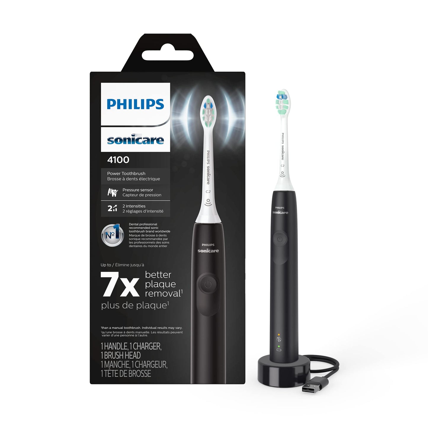 Philips Sonicare 4100 Rechargeable Electric Toothbrush, with Pressure Sensor, 2 Intensity Settings, SmarTimer and QuadPacer, 14-Day Battery Life, Deep Pink, Model HX3681/26