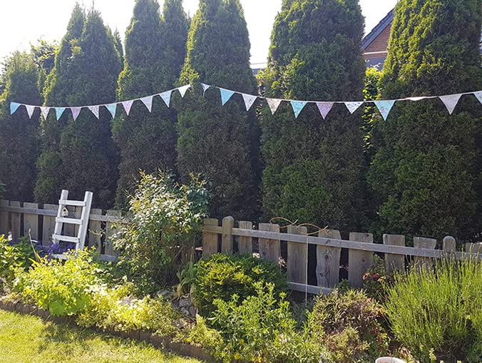 G2PLUS 36PCS Double Sided Fabric Bunting, 10M Blue and Purple Floral Cotton Banner, 17x19CM Large Triangle Garland Reusable for Indoor and Outdoor Party Decoration