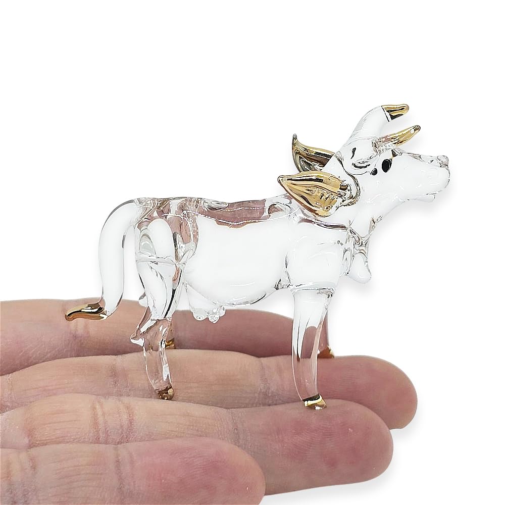 WitnyStore Tiny 2½" Clear Gold Cow Figurine - Miniature Hand Blown Glass Bulls Ox Oxen Bovid Bovine Cattle Farm Animals Small Crystal Decorative Figures Collectible Figurines Home Décor Gifts