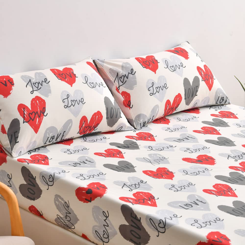 Feelyou Girls Heart Fitted Sheet Twin Size Women Hearted Love Pattern Bed Sheet Set for Kids Teens Bedroom Romantic Decor Red Gray Bedding Set with Pillow Case Microfiber Soft and Cozy Bed Cover