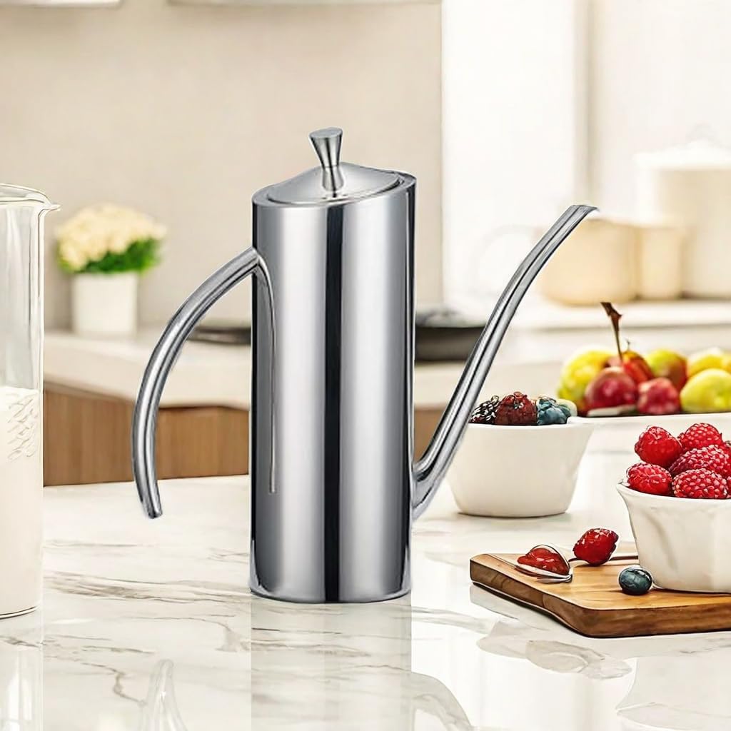 KSENDALO Premium Stainless Steel Olive Oil Dispenser & Kitchen Cruet (24oz/700mL) - Leakproof Oil Bottle with Ergonomic ONE-Piece Design Body and Long Nallow Spout for Precision Pouring- Arc Handle