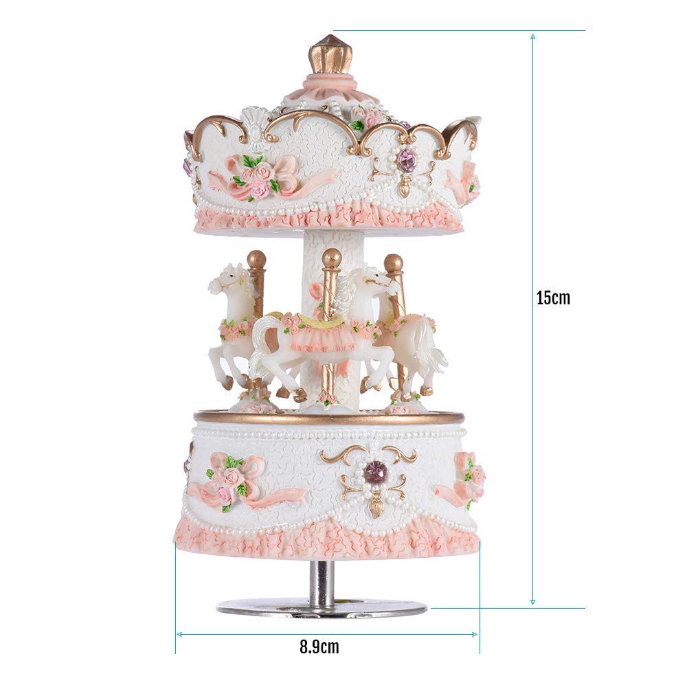 Carousel Music Boxes for Girls 3-Horse Rotating Windup Melody Castle in The Sky Color Change LED Lights Musical Gift for Daughter Birthday Christmas Festival Music Box Artware Pink