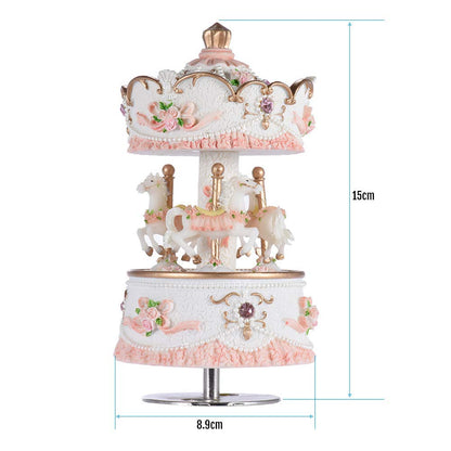 Carousel Music Boxes for Girls 3-Horse Rotating Windup Melody Castle in The Sky Color Change LED Lights Musical Gift for Daughter Birthday Christmas Festival Music Box Artware Pink