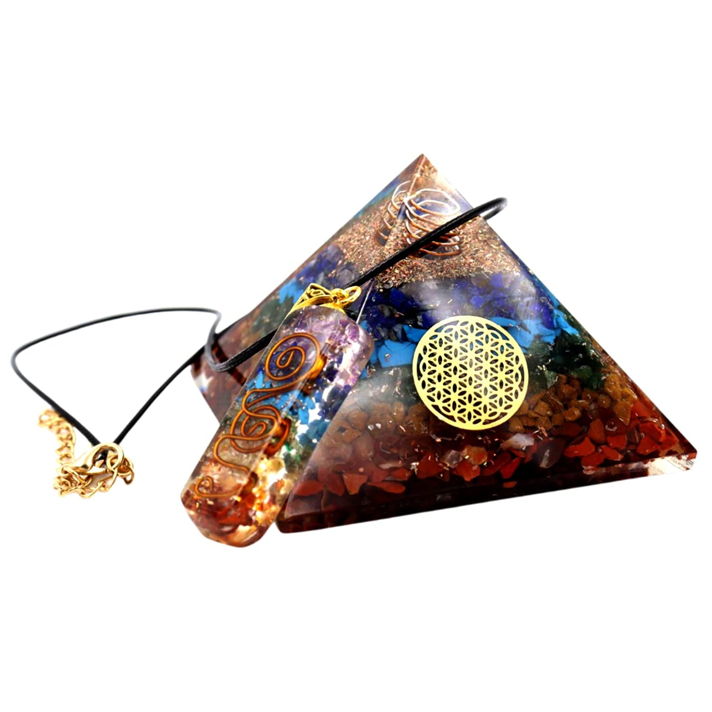 Real Crystal Chakra Pyramid - Seven Chakra Pyramid - Orgonite Pyramid for Energy Healing - Orgonite Kit - Protection with Seven Chakra Orgonite Necklace