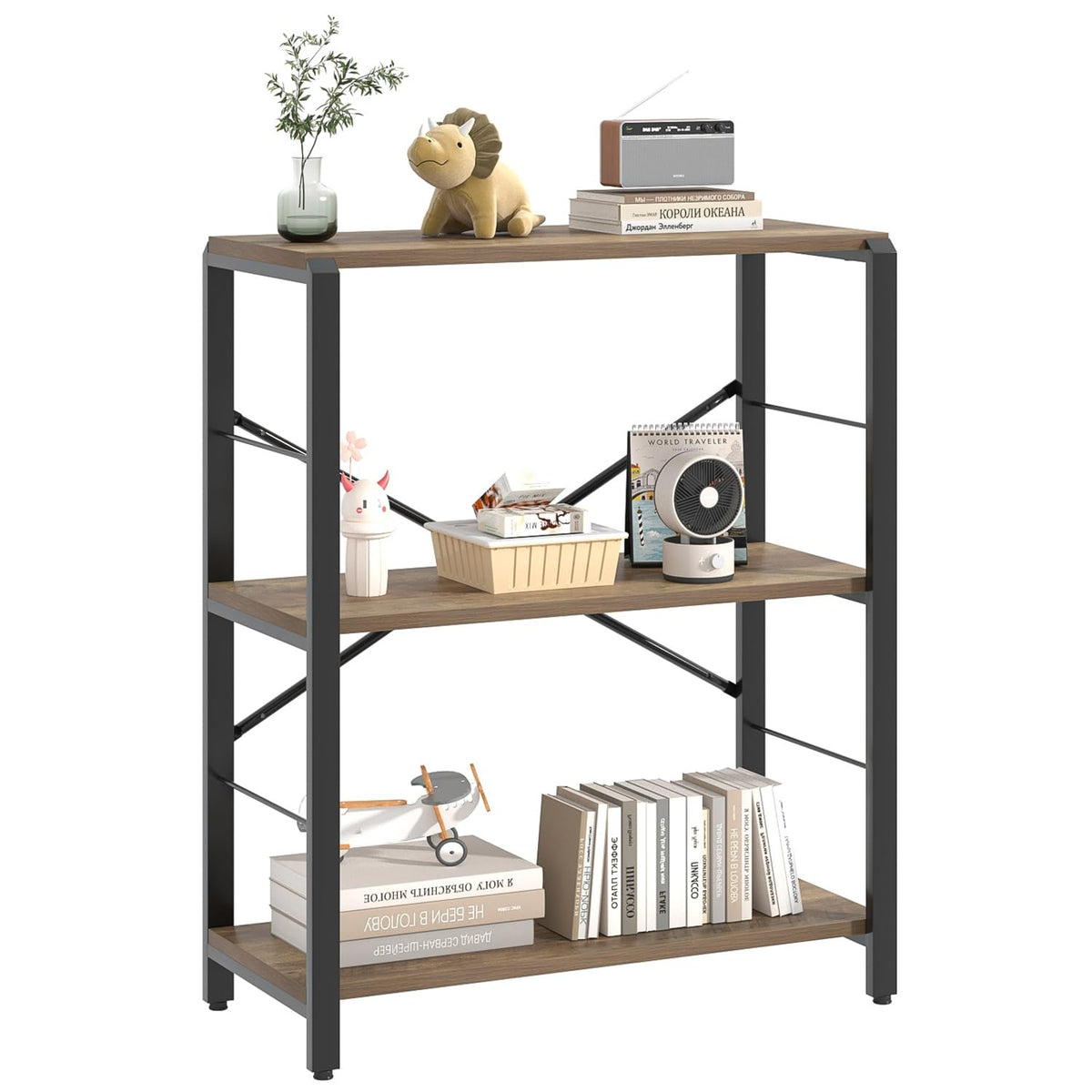 FOLUBAN Small Bookshelf, 3 Tier Open Book Shelf, Rustic Wood and Metal Shelving Unit for Small Space, Oak