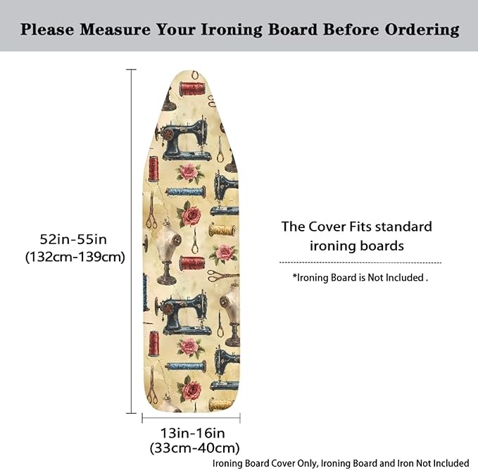 Ironing Board Cover, Standard Size 15x54, Sewing Machine Rose Print, Elastic