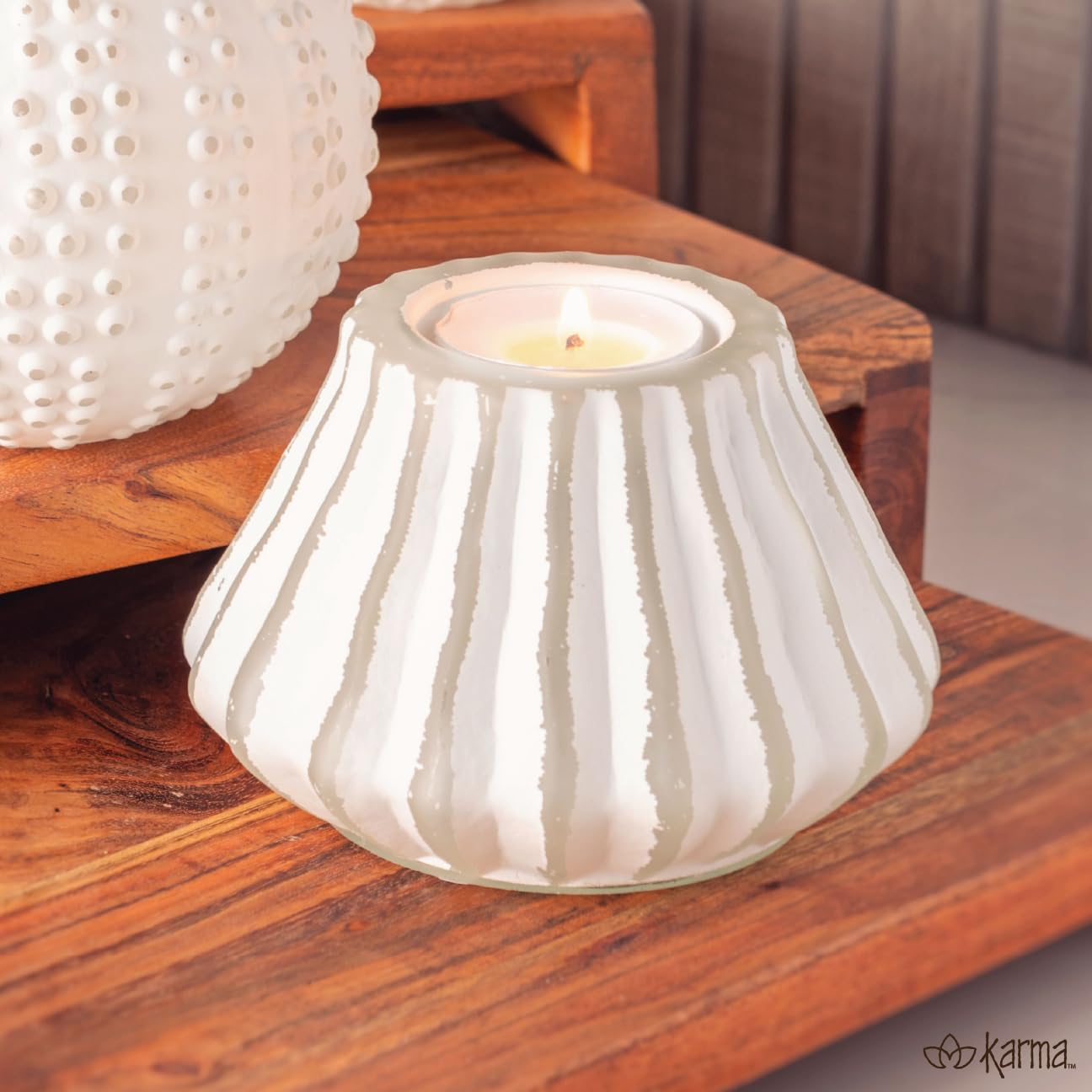 Karma, Boho Fluted Pyramid Tealight, Votive Candle Holder, Glass Votive Candle Holders for Table Decorations, Beach Party and Coastal Home Decor, White