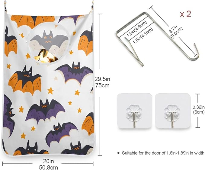 White Halloween Bats and Stars Hanging Laundry Hamper Door Hampers Bag Basket