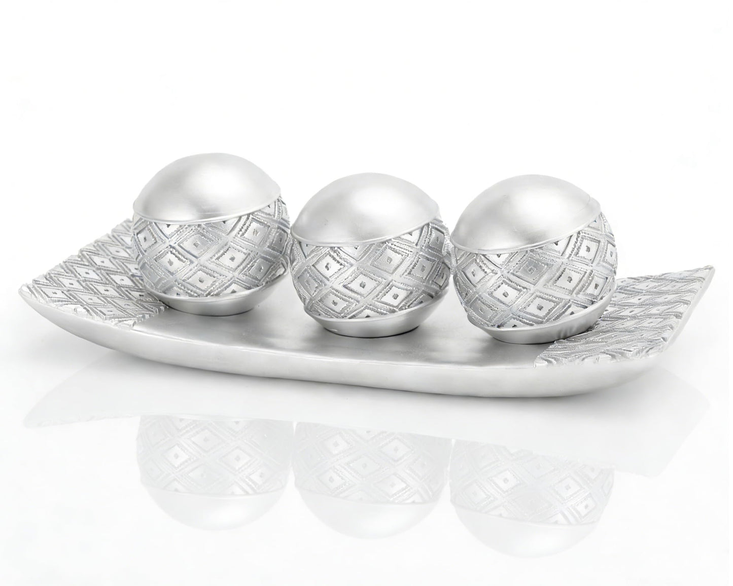 BOIHEGU Silver Decorative Orbs with Tray Set, 3Pcs Resin Decorative Balls with Tray, Modern Accent Sphere for Coffee Table, Dining Table, Living Room, Entryway