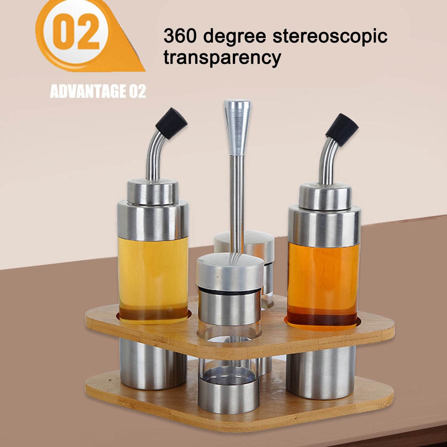 4-Pack Stainless Steel Kitchen Dispenser Set with Wooden Holder - Precision Olive Oil, Vinegar, Salt & Pepper Bottles for Home & Restaurants