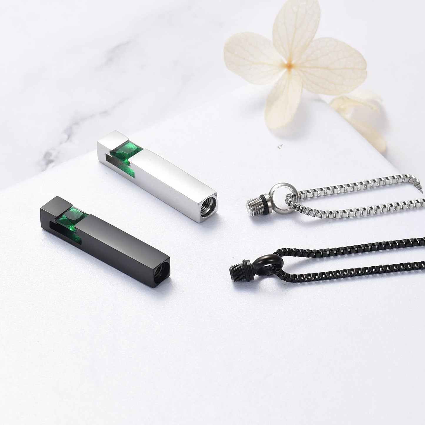 XSMZB Crystal Bar Cremation Urn Jewelry for Ashes Birthstone Cube Memorial Urn Necklace for Women Men Funeral Ashes Keepsake Pendant(2pcs-Green)