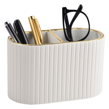 XNONE PU Leather Desk Organizer,Pen Holder,Small Remote Control Holder Pencil Cup Multifunctional Nightstand Organizer Caddy for Home School Office Desk Accessories,2 Compartments (Cream White)
