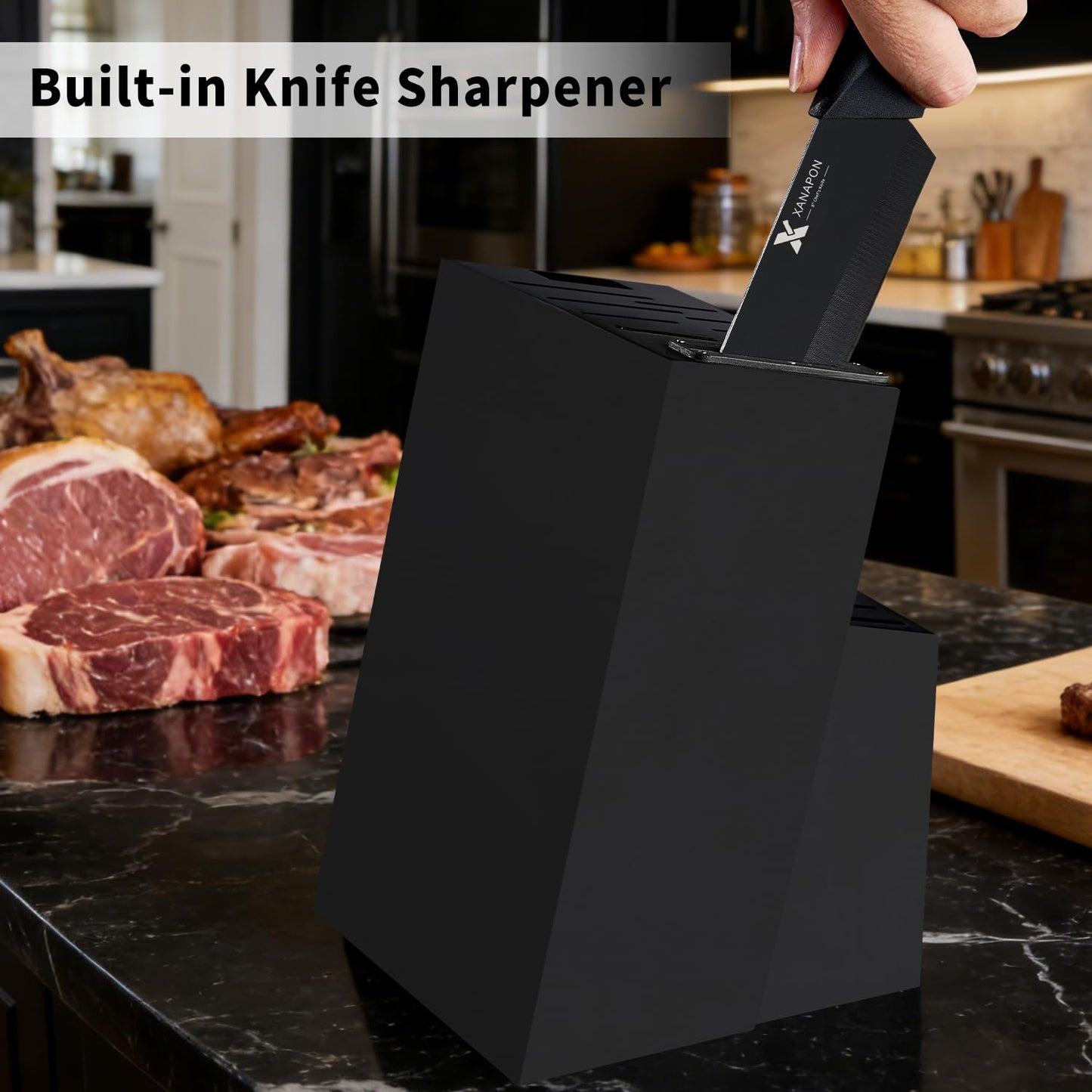 XANAPON 19-Piece Black Kitchen Knife Set with Block and Built-in Sharpener, High Carbon Stainless Steel Chef Knives Set for Kitchen with 8 Steak Knives, Ergonomic Handles, Perfect Housewarming Gift