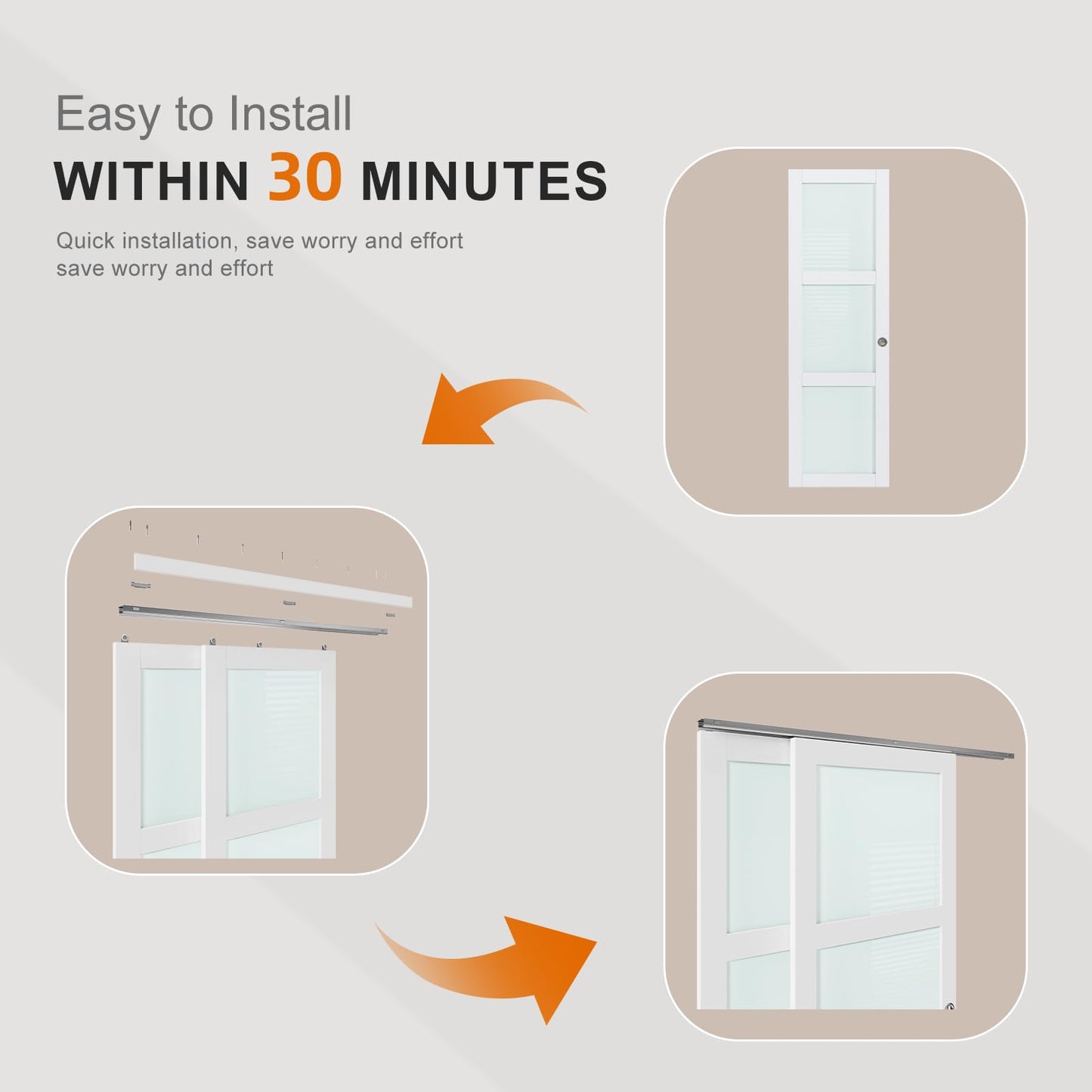 EaseLife 60x80 in (Double 31in) Bypass Sliding Closet Door for Bedroom, 3-Lite Frosted Glass Sliding Door with Hardware Track Kit & Floor Guide, Preassembled Door Panel, MDF White Pocket Doors
