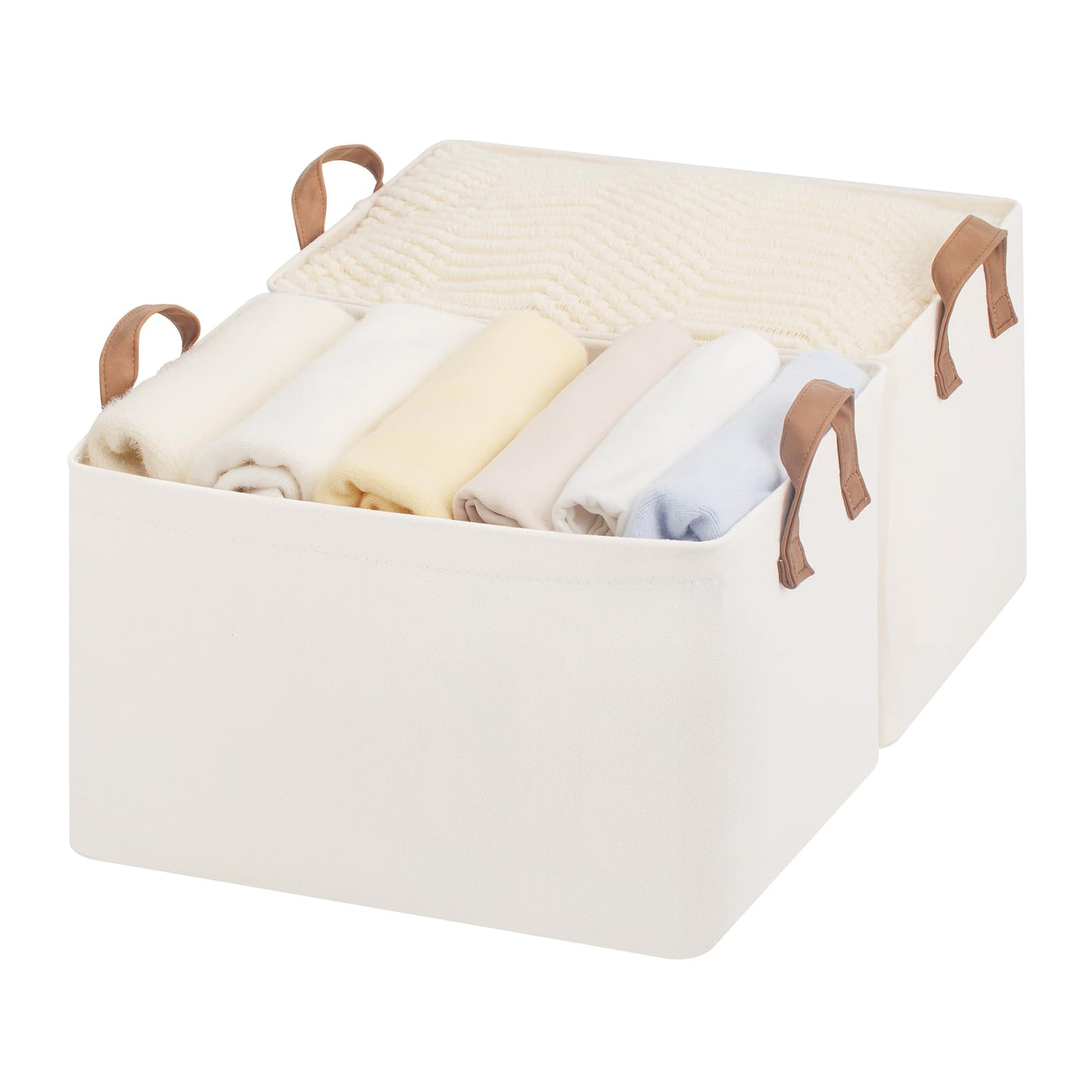StorageWorks Fabric Storage Boxes for Shelves, Large Storage Baskets with Metal Frame, Foldable Clothes Storage Boxes, Bedroom Top of Wardrobe Organisation with Handles, Beige, 2-Pack