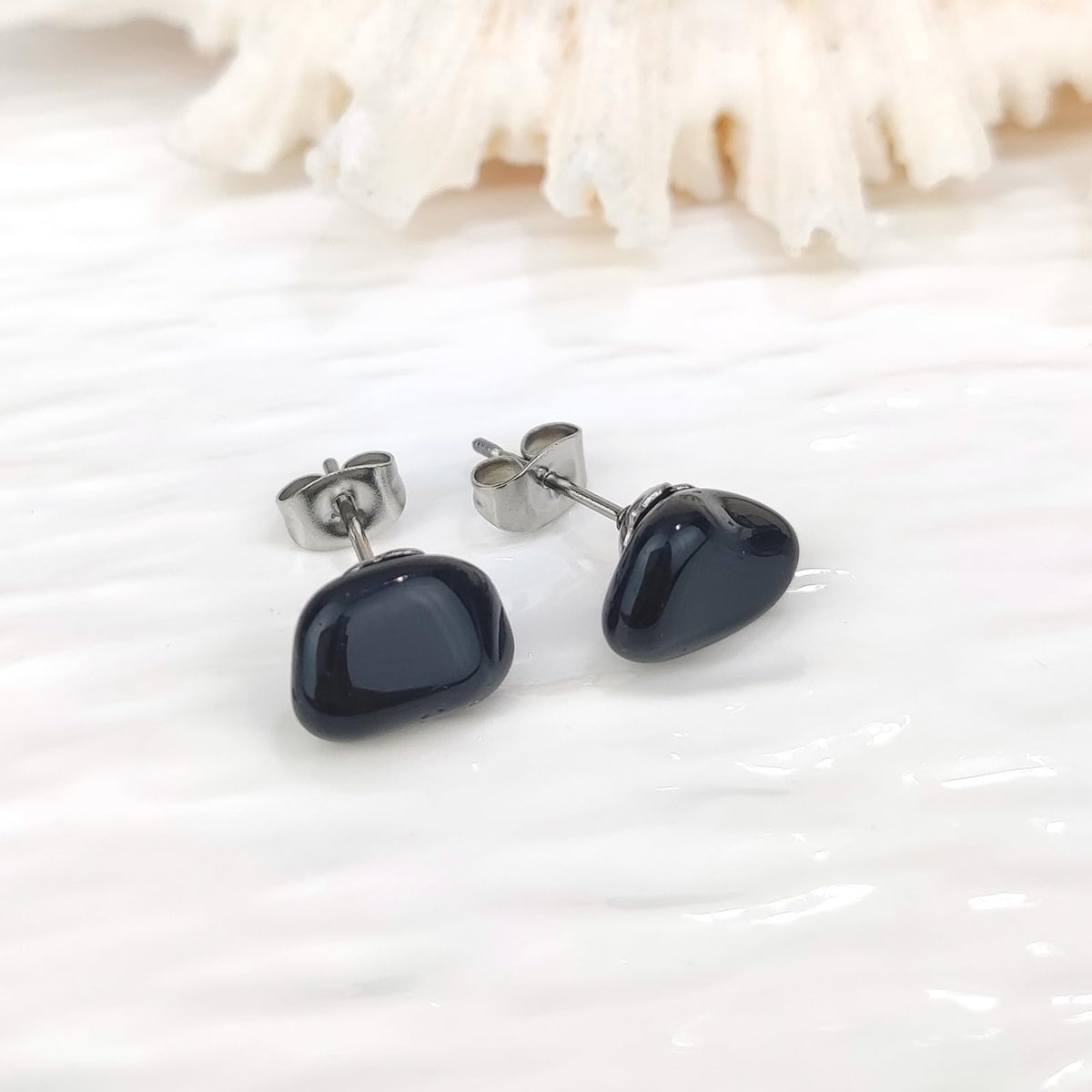 Obsidian Earrings, Healing Crystal Black Onyx Earrings with Hypoallergenic Stainless Steel, 8-12MM Natural Stone Black Stud Earrings for Women Men (Obsidian)