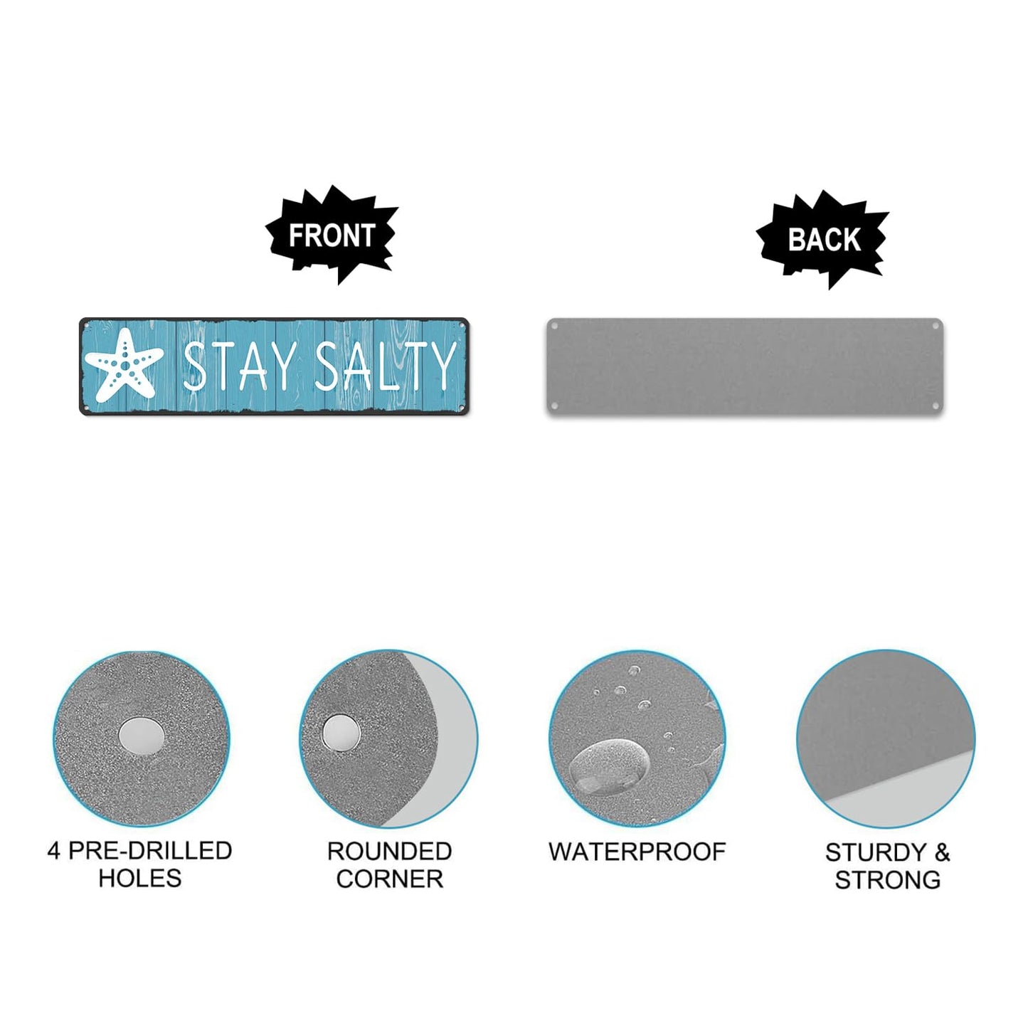 Stay Salty Sign - Coastal Metal Wall Decor - Rustic Beach House, Bathroom and Classroom Art with Starfish Motif - Summer Nautical Gift for Beach Lovers, 4x16 Inch