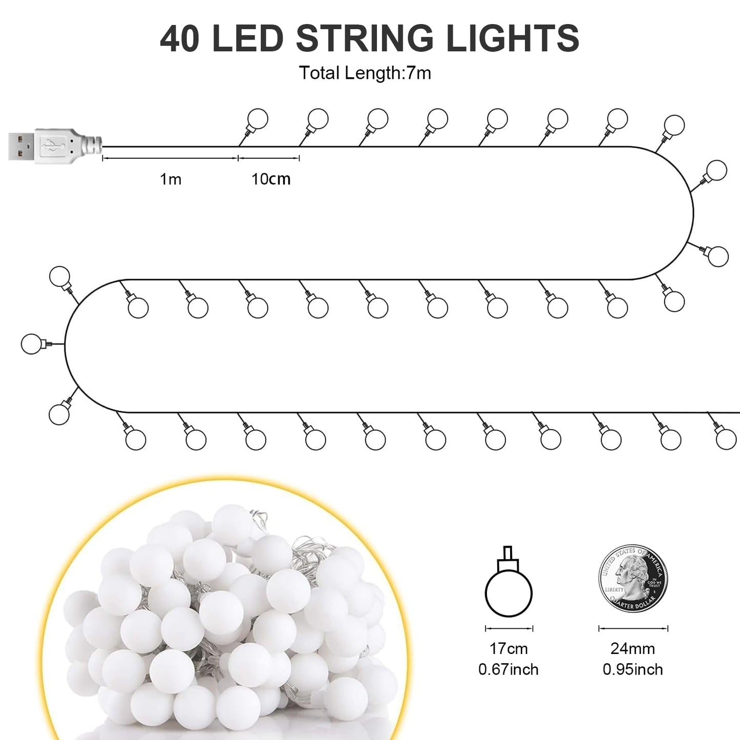 Bigzom USB Indoor Fairy Lights, 7m 40LED Spherical Fairy Lights, 5V Warm White Lights for Bedroom, Balcony, Parties, Christmas Decoration