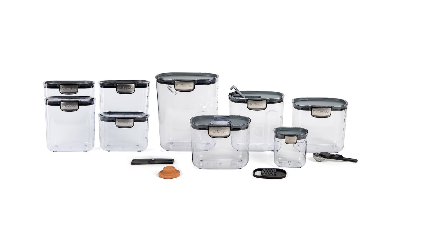 ProKeeper+ Airtight Food Storage Container Set – Clear Plastic Flour and Sugar Canister Set with Magnetic Accessories for Kitchen Organization (Grey, 13-Piece)