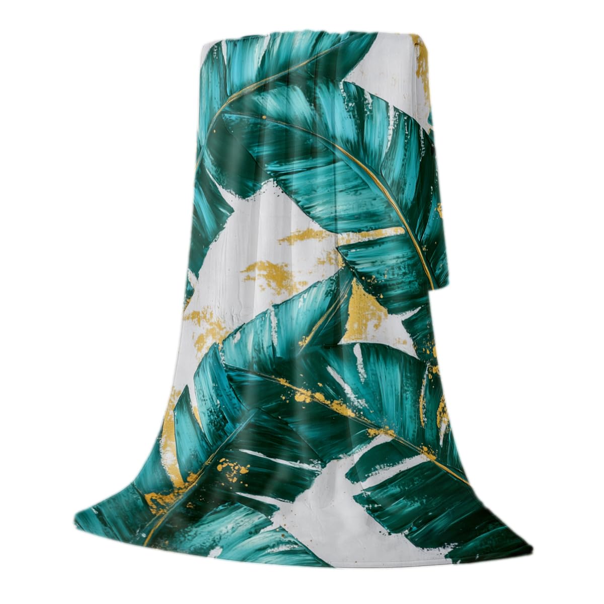 HUNXIAOJ Tropical Blankets and Throws Tropical Plant Blanket for Couch Bed Room Home Decor Tropic Leaf Throws Teal Gold Botanical Decor Flannel Gifts for Women Adults Kids 49"x59"