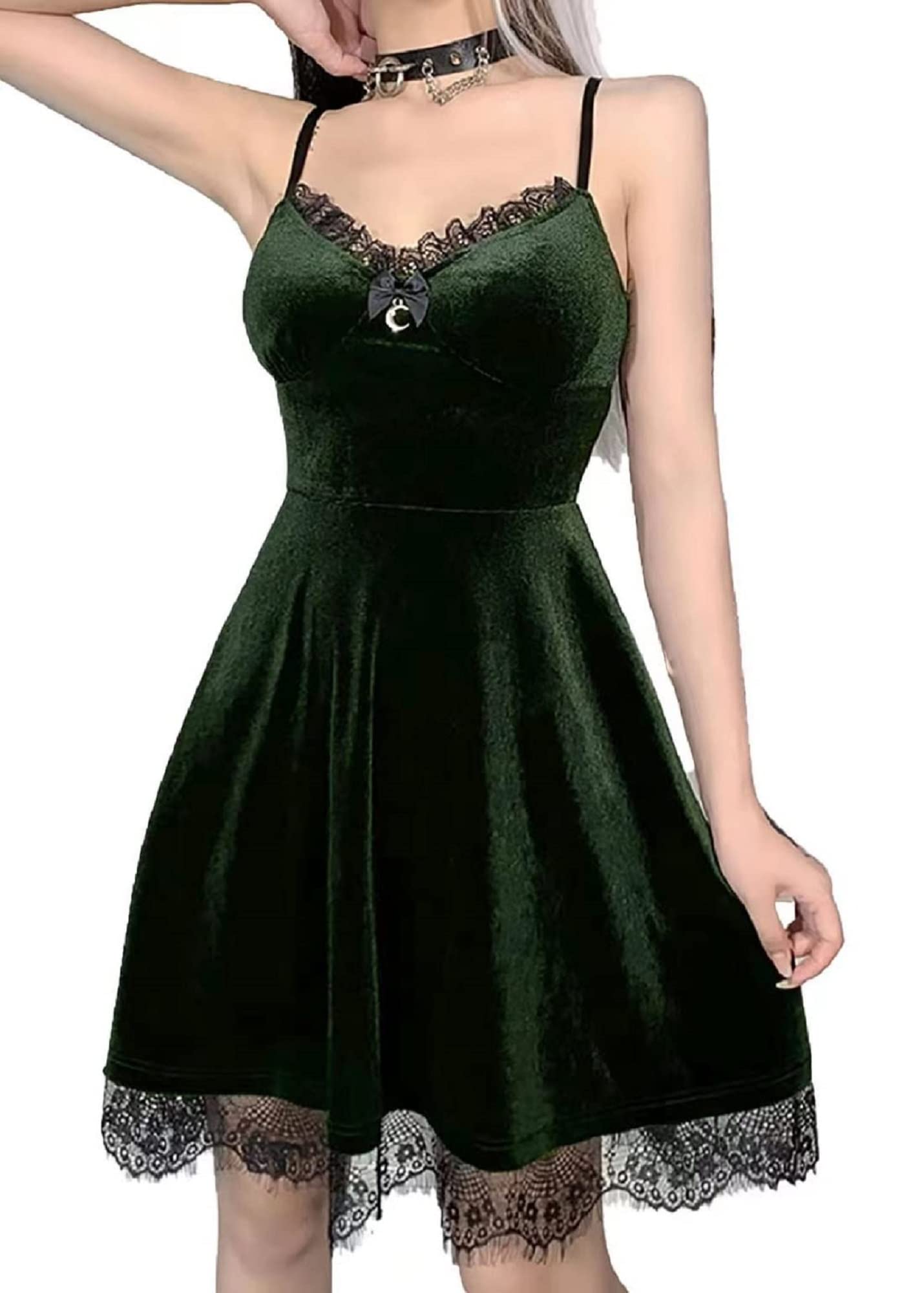 Summer Gothic Dress Women Sexy Lace Velvet Retro Harajuku High Waist Green Dresses