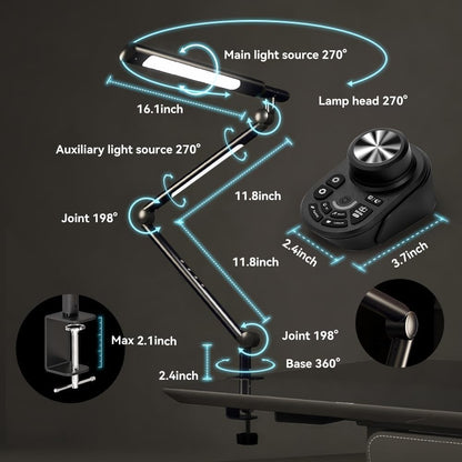 SANDROY VOLT Adjustable LED Desk Lamp Modern Black - Clamp Mount Office Table Light with Desktop Remote Control, Adjustable Brightness & Color Temperature, 5 Lighting Modes for Reading, Computer, DIY