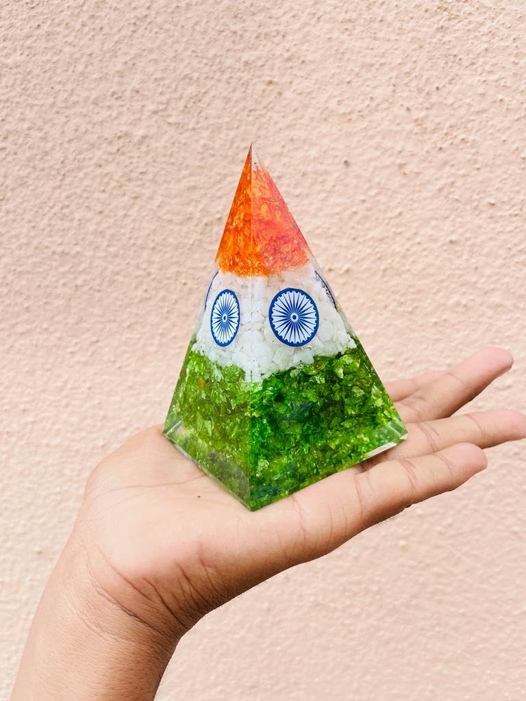 Large Orgone Crystal Pyramid Indian Flag Tiranga Organite Money Crystal Healing Stone Pyramid Positive Energy Home Office Table Decor Gift