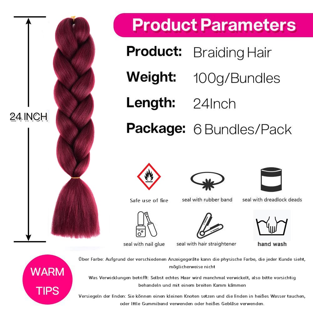 burgundy braiding hair 6pc kanekalon hair braiding Hair Extension 24 Inch ombre jumbo Braids For Braiding Crochet Twist Braiding hair burgundy