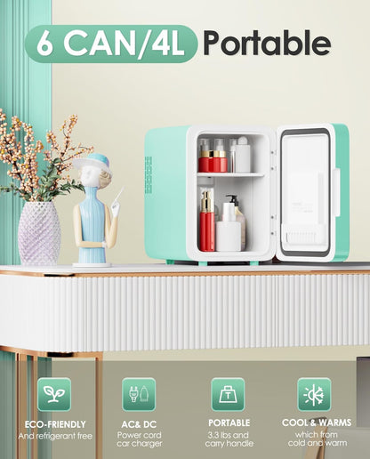 Skincare Fridge With Dimmable LED Light Mirror, 4L Mini Fridge For Desktop, Travel or Cool & Heat, Makeup Fridge for Cosmetics, Skin Care and Food, Green