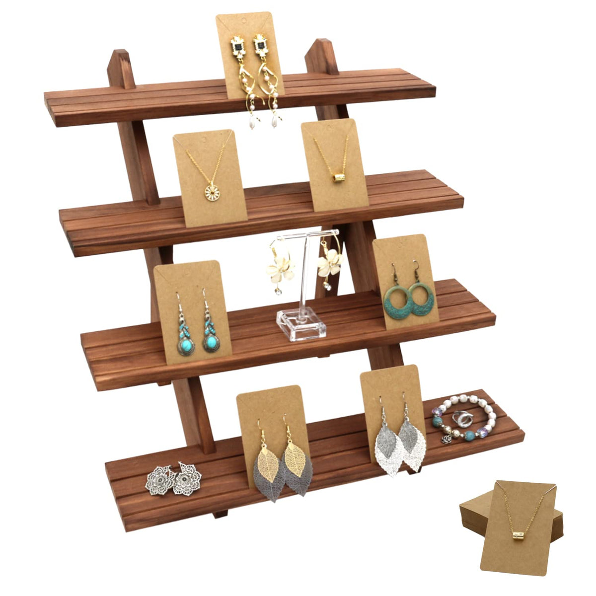 Auroal 51pcs 4-Tier Wood Earring Display Stand, Retail Display Riser Earring, Ring Holder Stand, Removable Countertop Small Merchandise Display Stand with 50 Pcs Earring Card (Light brown)