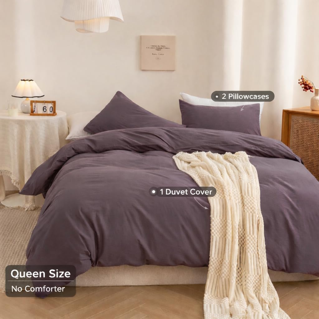 ECOCOTT Lilac Purple Duvet Cover Queen, 100% Washed Cotton 3 Piece Duvet Cover Sets 1 Duvet Cover with Zipper and 2 Pillowcases Bedding Set(Lilac Purple,Queen)