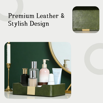 HPZIHYNAP Green Luxury Leather Jewelry Tray - Stylish Desk Accessories & Nightstand Organizer for Holding Jewelry, Watch, Keys, Phone & Wallet (Entryway/Desktop Decor)