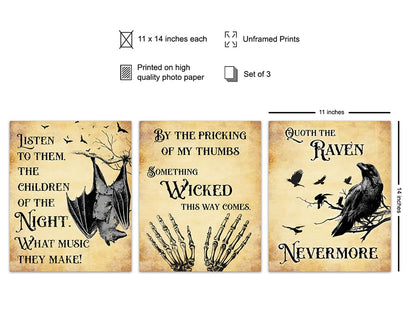 Vampire Bat, Edgar Allan Poe, The Raven Quotes Set - Creepy Spooky Bram Stoker Dracula, Shakespeare Witch, Witchcraft - Medieval Gothic Home Decor - Funny Bathroom Wall Art & Decor 11x14