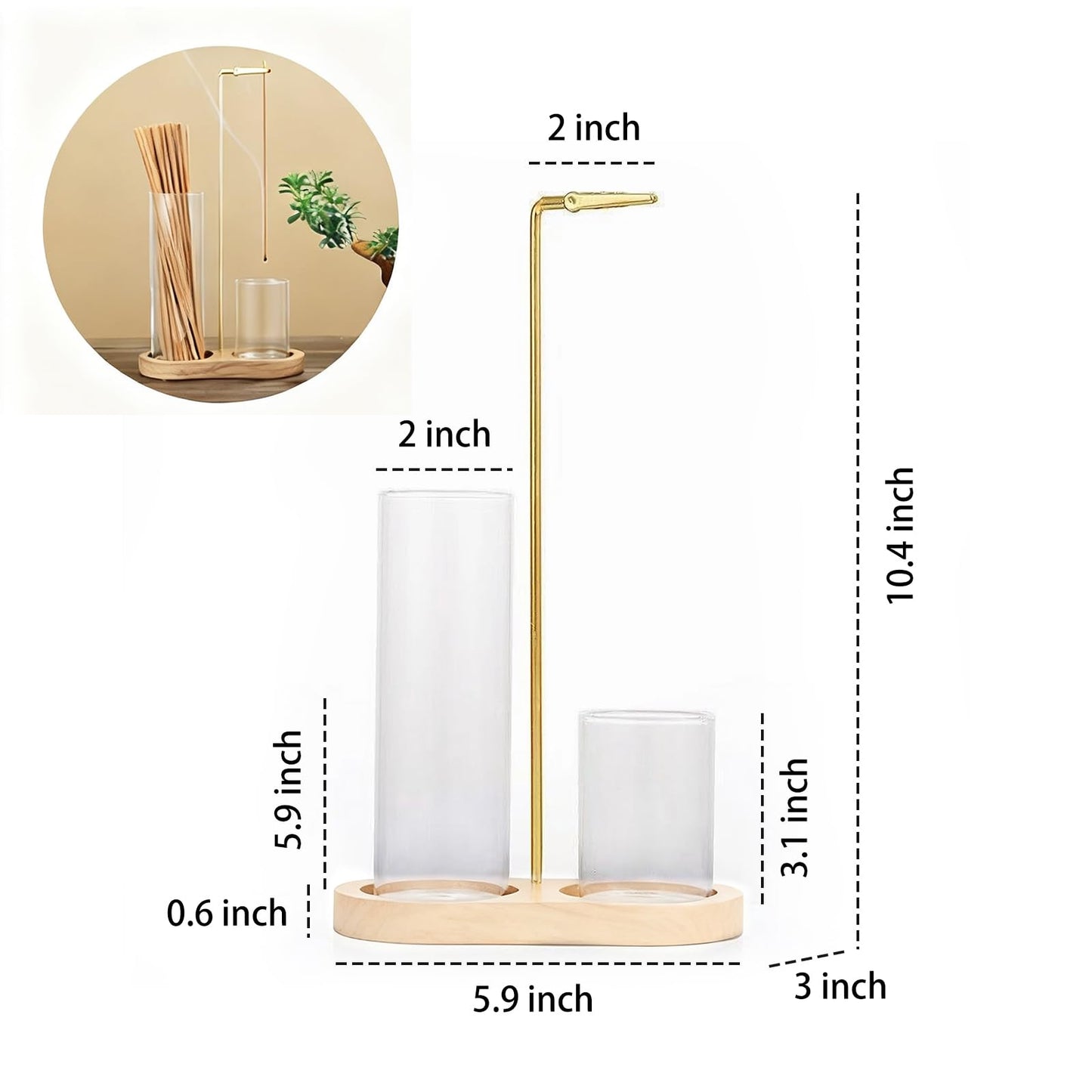 2-in-1 Incense Stick Holder with Glass Ash Catcher, Dual Glass Cups & Metal Clip, Minimalist 8-Shaped Wooden Base, Home Decor Gift (Dark Base)