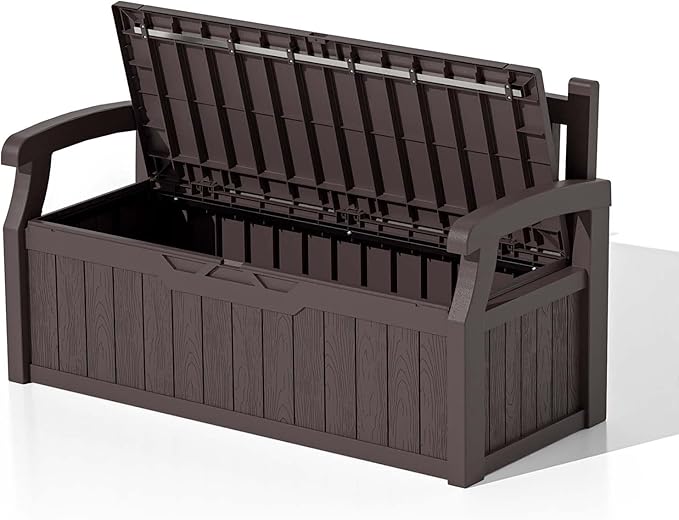 Patiowell 75 Gallon Plastic Storage Bench, Water-Resistant Deck Box for Patio Furniture, Garden Tools, Pool Storage and Outdoor Cushions, Brown