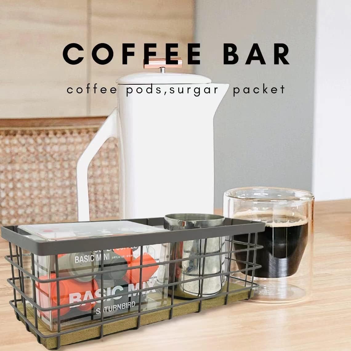 HUA HUALINK- Small Metal Wire Storage Basket, Detachable Wood Base Storage Organizer Bin Basket for Kitchen Cabinets, Bathroom, Pantry, Garage, Laundry Room - Brown