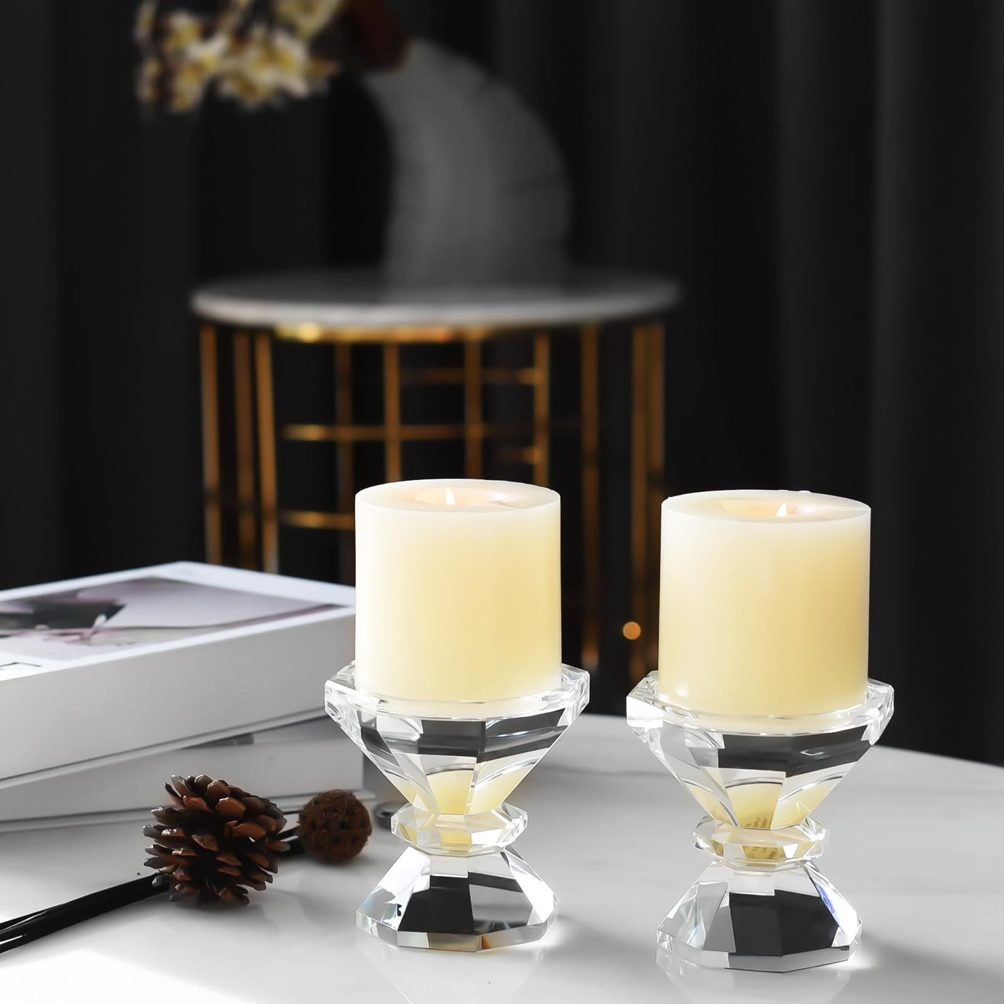 Marvala Crystal Candle Holders, Pillar Candlestick Set of 2, Modern Elegant Tall Crystal Candlesticks for Wedding Centerpieces, Christmas, Dining Table, Home, Party Decor
