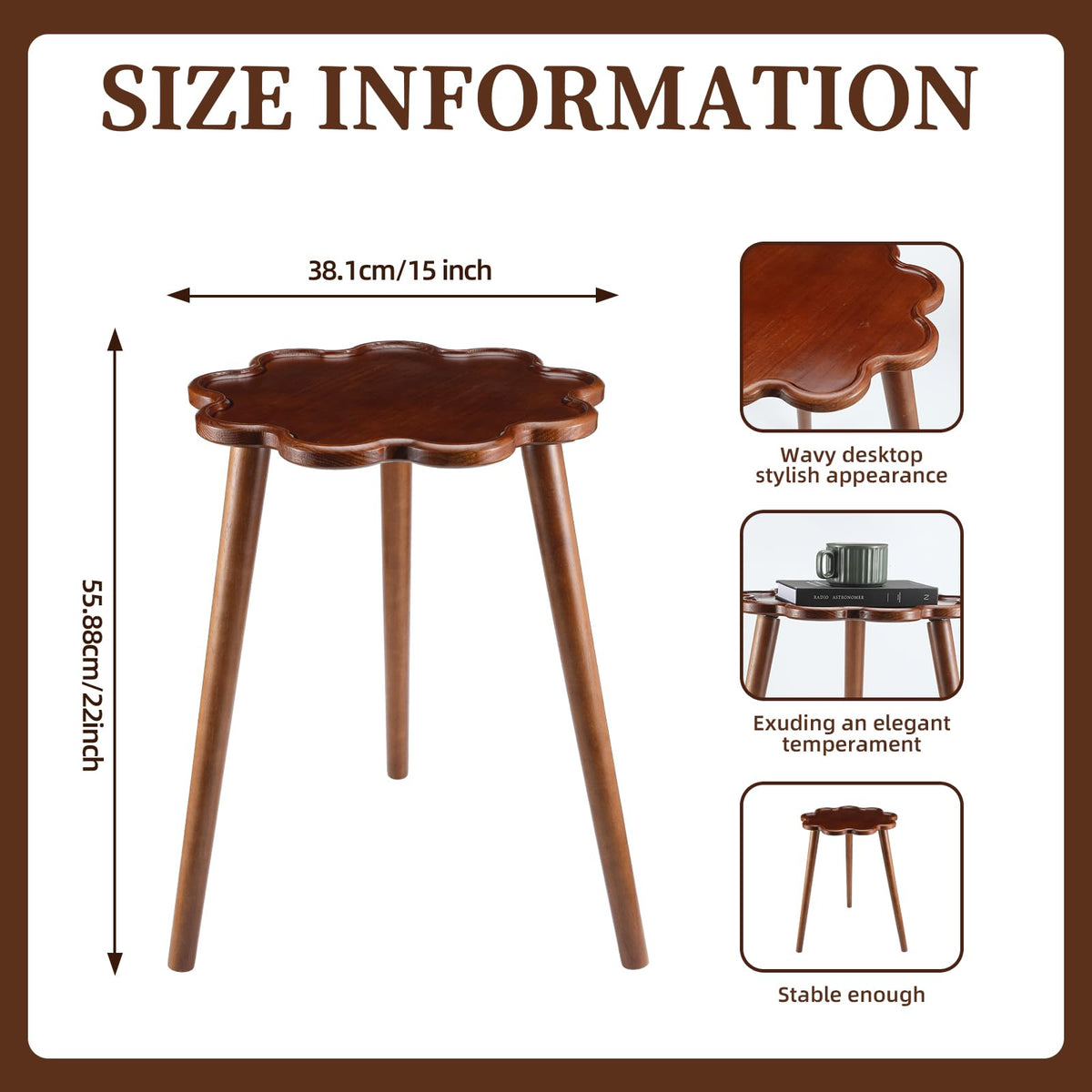 Chunful Modern Wooden Round Small Side Table 15" x 15" x 22" Brown Mid Century Solid Wood Martini End Table with Wavy Edge for Bedroom Nightstand or Living Room Accent Decor