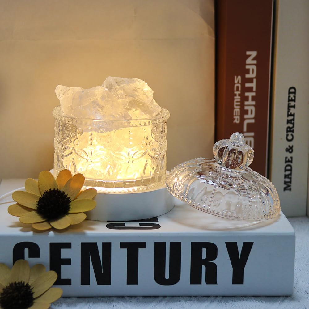GUOCHENG Himalayan Salt Table Lamp with Natural Crystal Chunks, Wood Lamp Base with Glass Cup LED USB Salt Rock Lamps for Spa Bar Yoga Night Sleep Light, Gift Box(White)