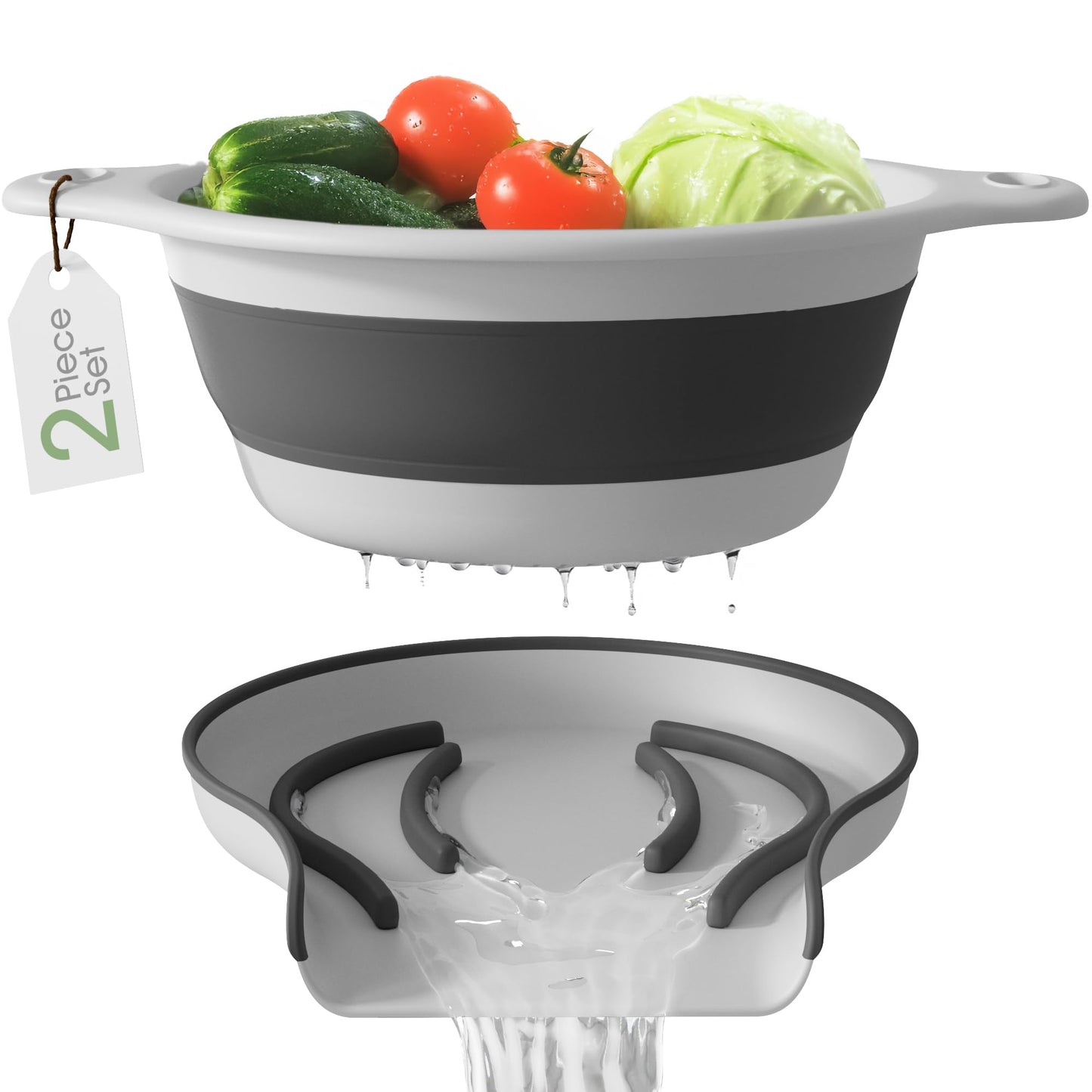 Collapsible Colander Strainer, Includes Over-sink Countertop Draining Base (5QT) Large Kitchen Drainer for Vegetables Fruit and Pasta, Round Foldable Draining Basket, Easy Storage (White)
