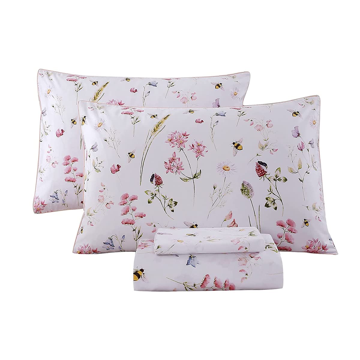 URBONUR Garden Floral Sheets 4 Piece Pink Bees Print Luxury 100% Cotton Bed Sheet Set - Silky & Smooth Bed Set for All Season Bedoom Decor Home Collection (4pcs, Queen, Pink Floral Bee)