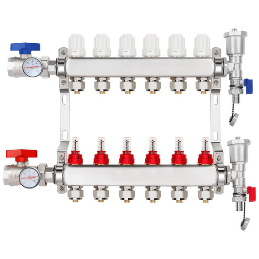 YUFUYEK 6-Branch PEX/Radiant Heat Manifold，1/2" PEX Tubing Manifold,304 Stainless Steel Floor Heat Manifold Kit with 1/2" Adapters Included for Hydronic Radiant Floor Heating (6-Loop)