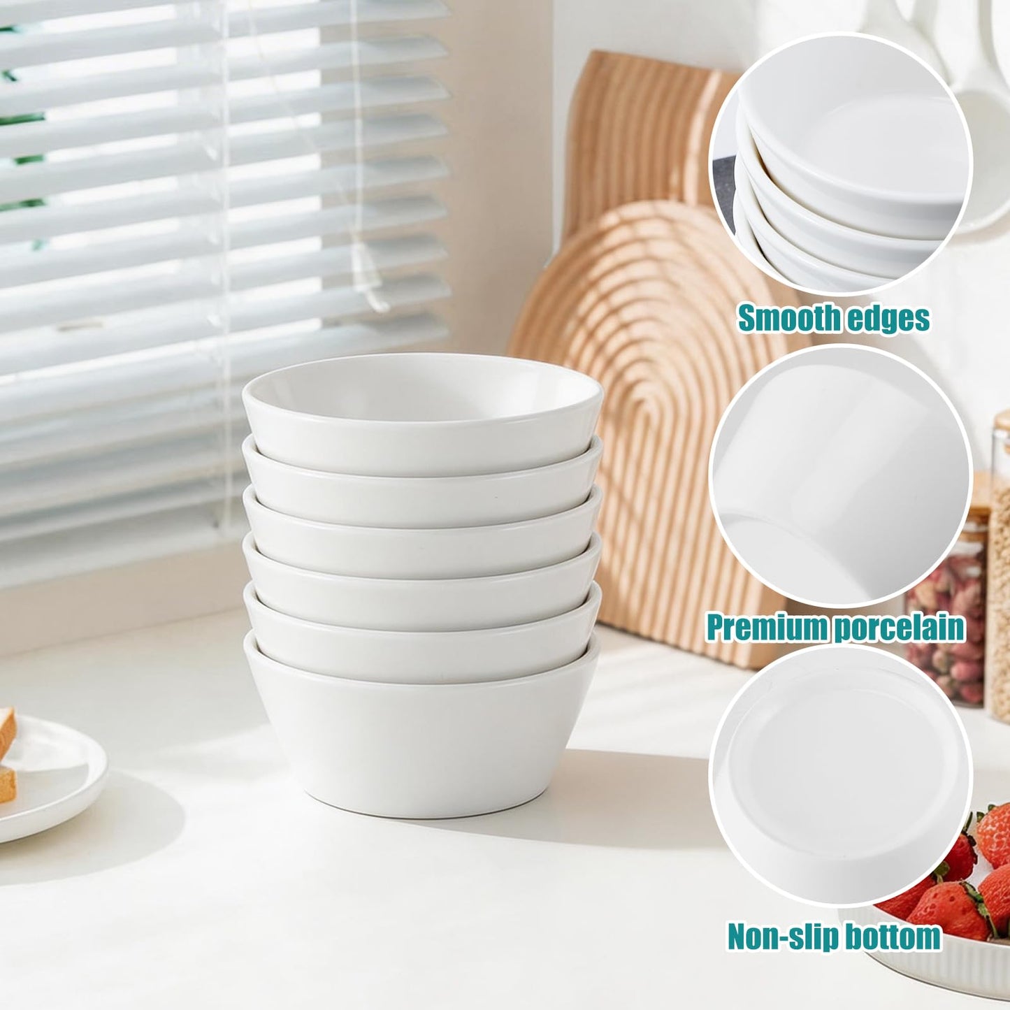 Enjamyo 6 Pack Porcelain Small Bowls, 5oz White Ceramic Ramekins, 4 Inch Diameter Small Bowls for Serving Dipping Sauces, Desserts, Soups and Cereals