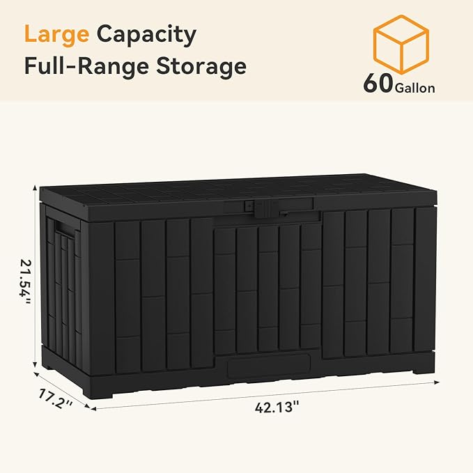 NEWBULIG 60 Gallon Deck Box, Waterproof Outdoor Storage Box with Lockable Lid, Patio Furniture Bench & Side Table, Outside Storage Container, Tool-Free Assembly, for Garden, Pool, Black